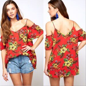 MARIE Red Floral Print Cold Shoulder Top